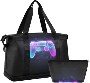 Neon Light Gamepad Colorful Turquoise Purple Pink Gradient Gym Duffel Bag, Polyester Travel Weekender Luggage Handbag with Waterproof Pocket for Wet Items, Unisex Foldable Tote for Sports