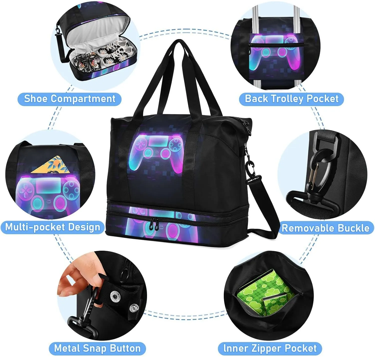 Neon Light Gamepad Colorful Turquoise Purple Pink Gradient Gym Duffel Bag, Polyester Travel Weekender Luggage Handbag with Waterproof Pocket for Wet Items, Unisex Foldable Tote for Sports