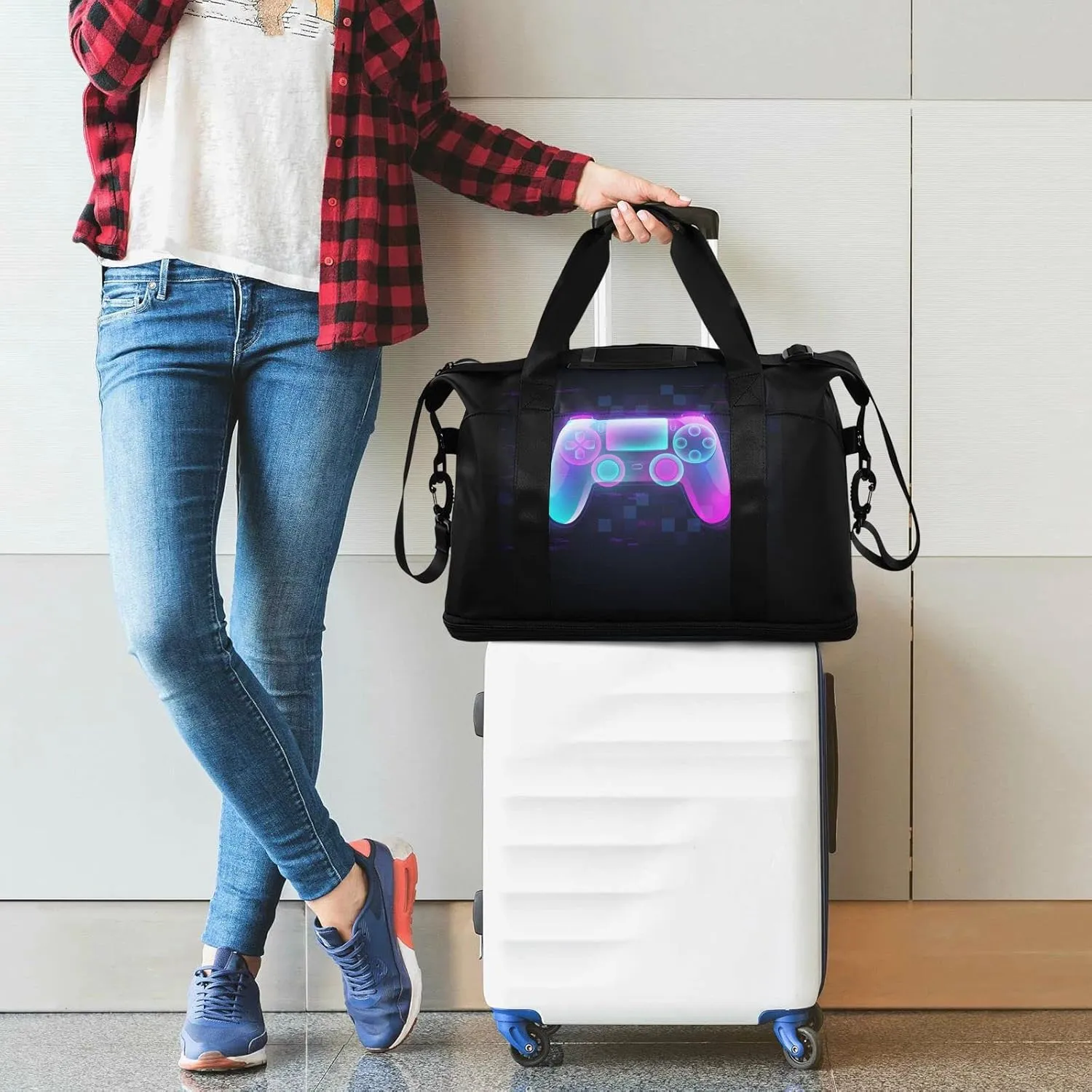 Neon Light Gamepad Colorful Turquoise Purple Pink Gradient Gym Duffel Bag, Polyester Travel Weekender Luggage Handbag with Waterproof Pocket for Wet Items, Unisex Foldable Tote for Sports