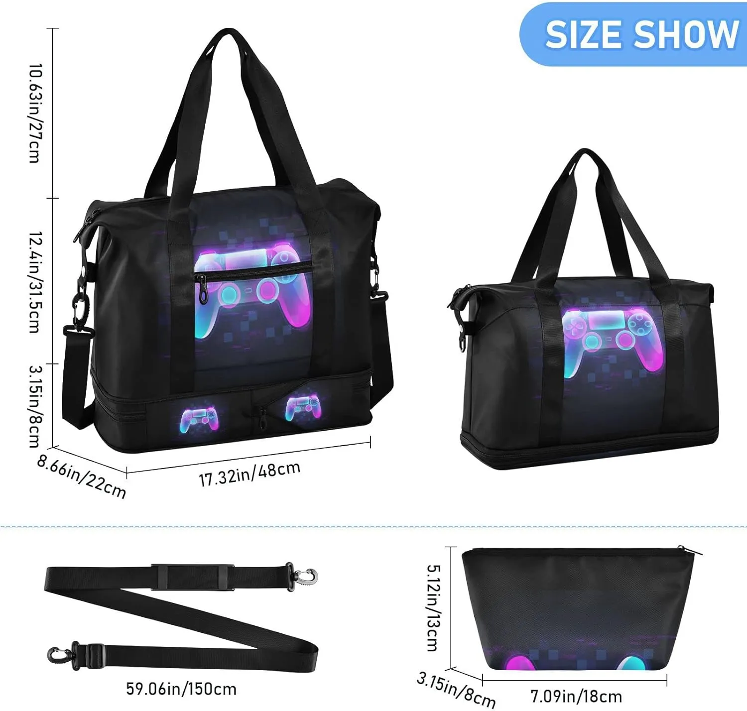 Neon Light Gamepad Colorful Turquoise Purple Pink Gradient Gym Duffel Bag, Polyester Travel Weekender Luggage Handbag with Waterproof Pocket for Wet Items, Unisex Foldable Tote for Sports