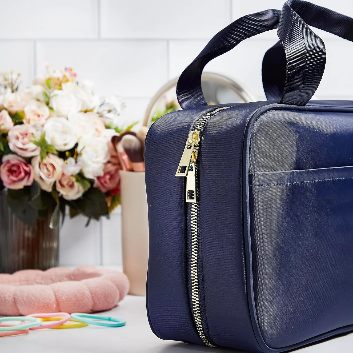 Nicole Miller New York Once Upon a Rose Makeup Bag, Multifunctional Travel and Toiletries Bag, Cosmetics Essentials Accessories Bag, Luxurious, Classic, Chic, and Stylish, Solid Navy