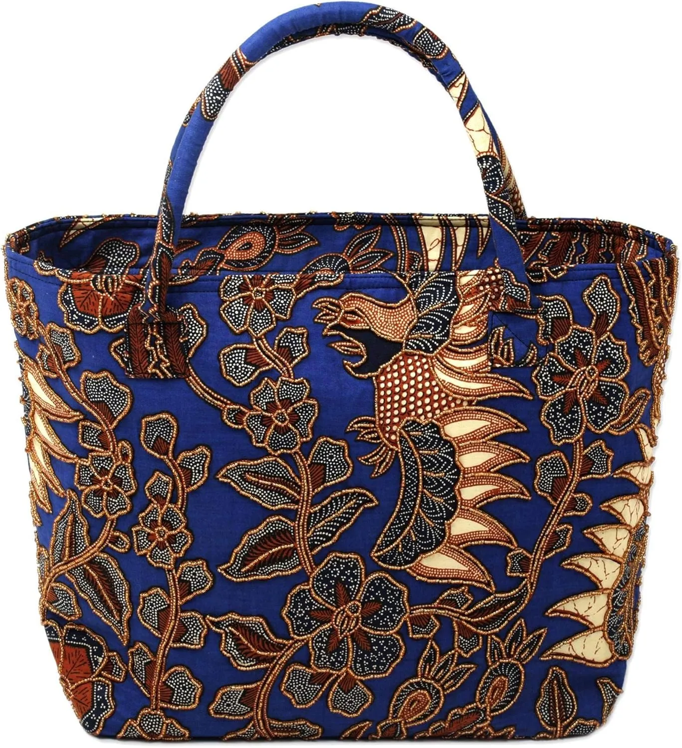 NOVICA Artisan Handmade Beaded Cotton Batik Tote Handbag Blue Crafted in Bali Handbags Patterned Indonesia Animal Themed Embellished Bird ' Glorious Java'