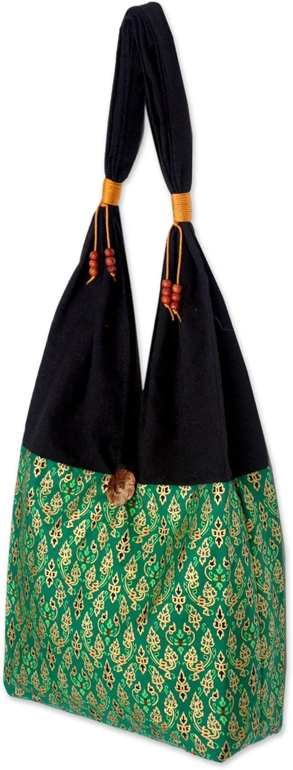 NOVICA Artisan Handmade Cotton Sling Tote Bag Crafted Shoulder Coconut Shell Handbags Green Patterned Thailand ' Thai Emerald'