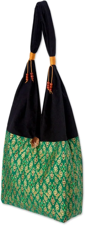 NOVICA Artisan Handmade Cotton Sling Tote Bag Crafted Shoulder Coconut Shell Handbags Green Patterned Thailand ' Thai Emerald'