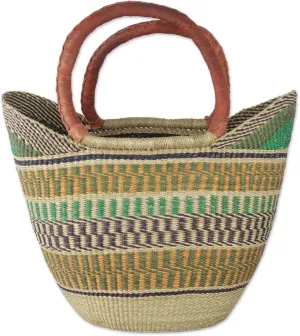 NOVICA Artisan Handmade Leather Accented Raffia Tote Bag Woven Natural Fiber with Strap Handbags Multicolor Striped Materials Ghana ' Supper Basket'
