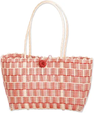 NOVICA Artisan Handwoven Tote in Strawberry Red Cornsilk Handbags Ivory Patterned Recycled Guatemala Eco Friendly ' Delightful Day in Strawberry'