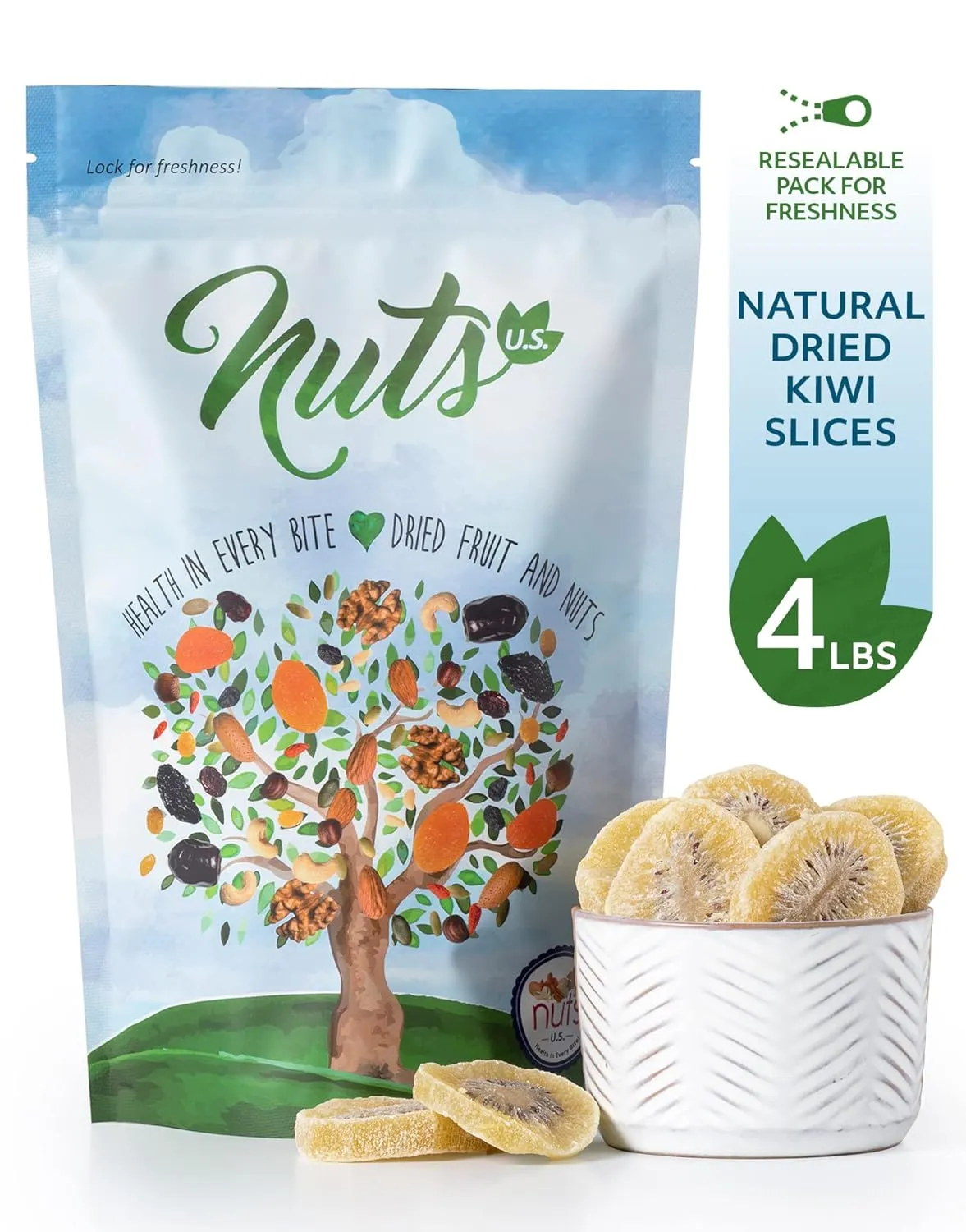 NUTS U.S. - Dried Kiwi Slices | No Artificial Colors | NON-GMO | Gluten Free | 100% Natural | Packed in a Resealable Bag!!! (4 LBS)