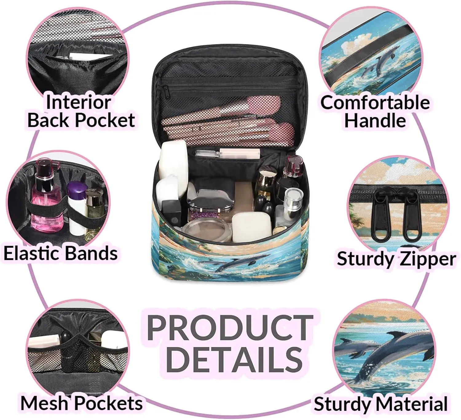 Ocean Animal Dolphin Travel Toiletry Bag Large Capacity Makeup Case Organizer with Handle Cosmetic Case for Women Girls