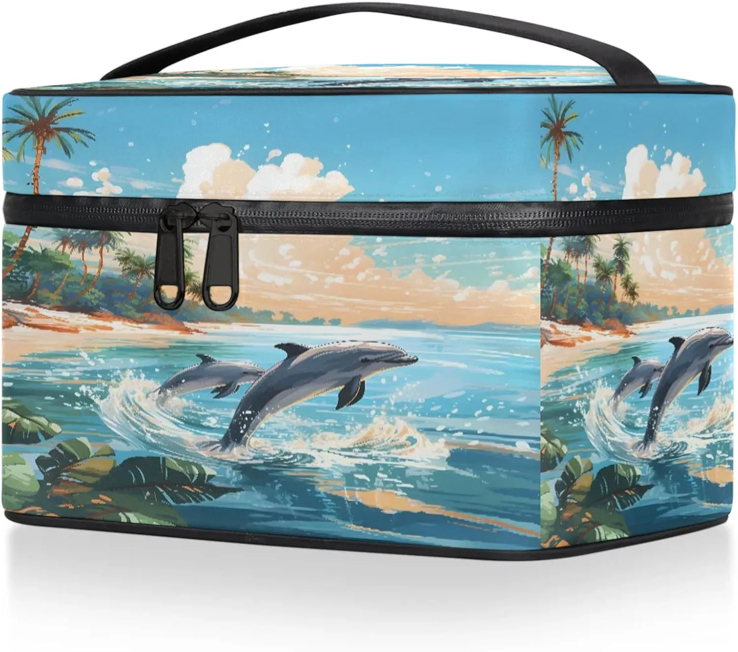 Ocean Animal Dolphin Travel Toiletry Bag Large Capacity Makeup Case Organizer with Handle Cosmetic Case for Women Girls