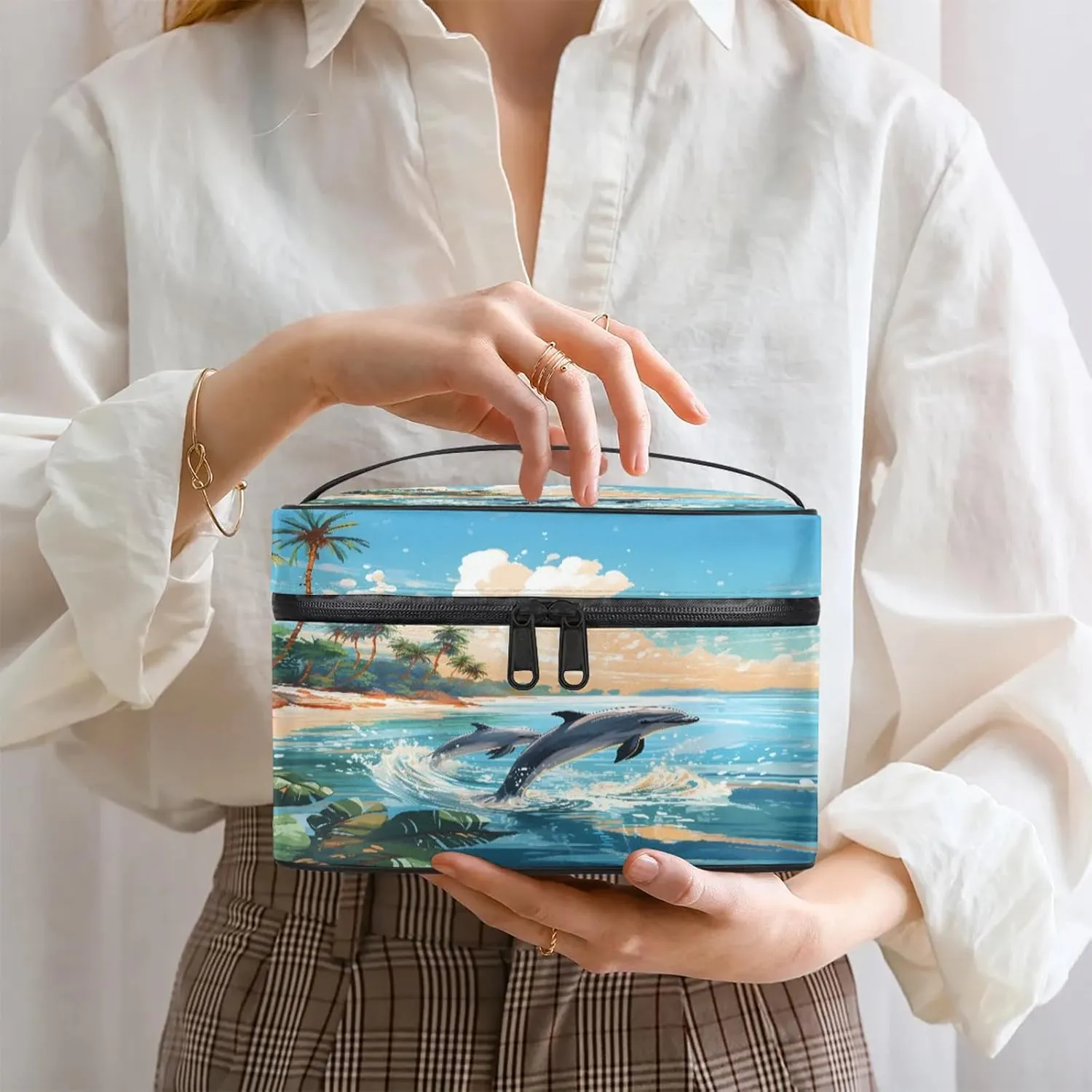 Ocean Animal Dolphin Travel Toiletry Bag Large Capacity Makeup Case Organizer with Handle Cosmetic Case for Women Girls