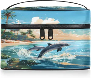 Ocean Animal Dolphin Travel Toiletry Bag Large Capacity Makeup Case Organizer with Handle Cosmetic Case for Women Girls