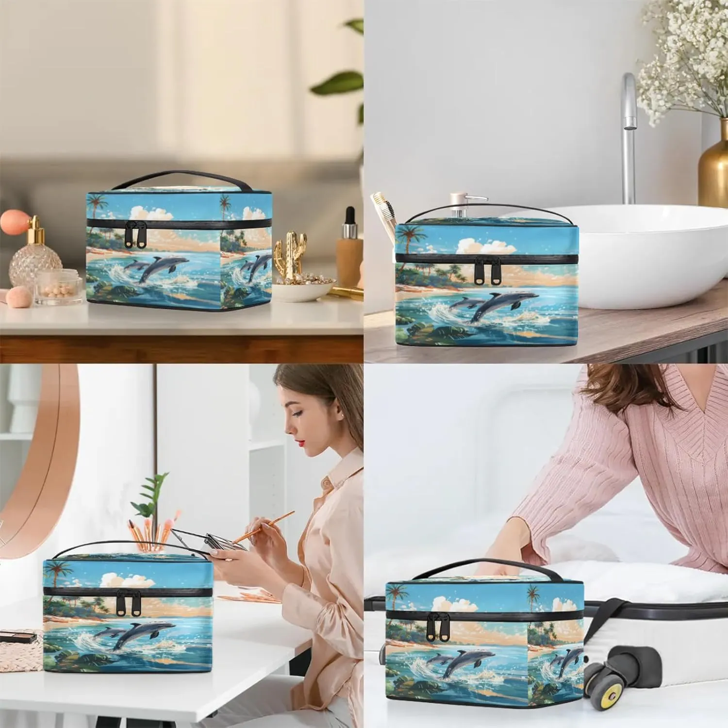 Ocean Animal Dolphin Travel Toiletry Bag Large Capacity Makeup Case Organizer with Handle Cosmetic Case for Women Girls