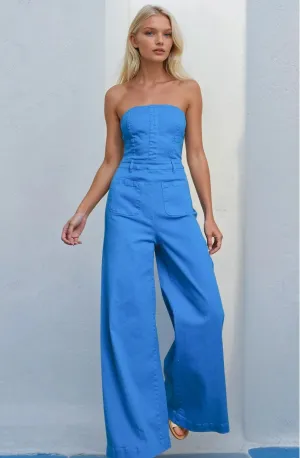 OFF SHOULDER WIDE LEG DENIM JUMPSUIT
