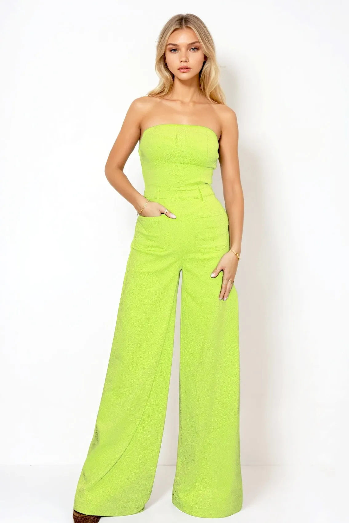 OFF SHOULDER WIDE LEG DENIM JUMPSUIT