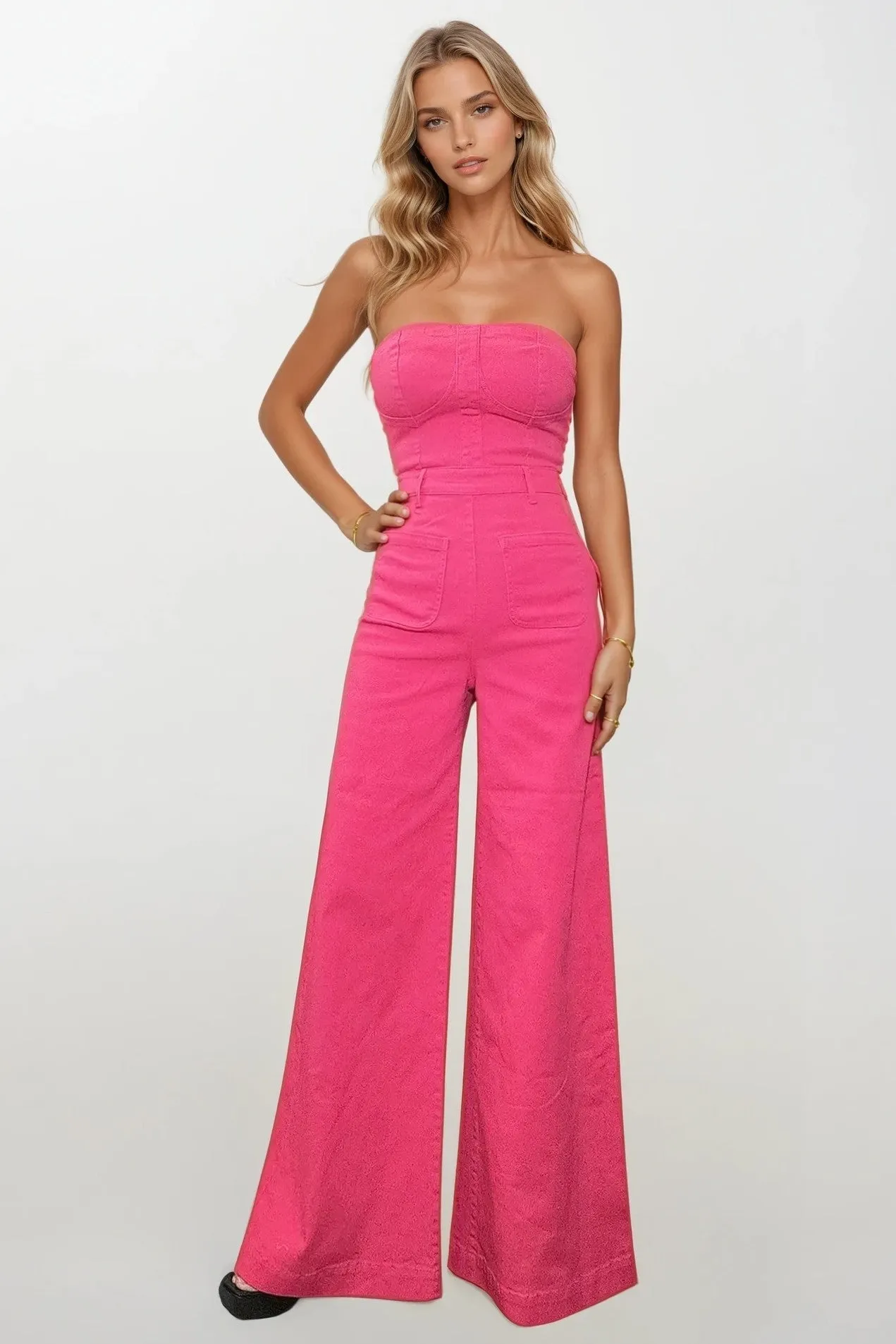 OFF SHOULDER WIDE LEG DENIM JUMPSUIT