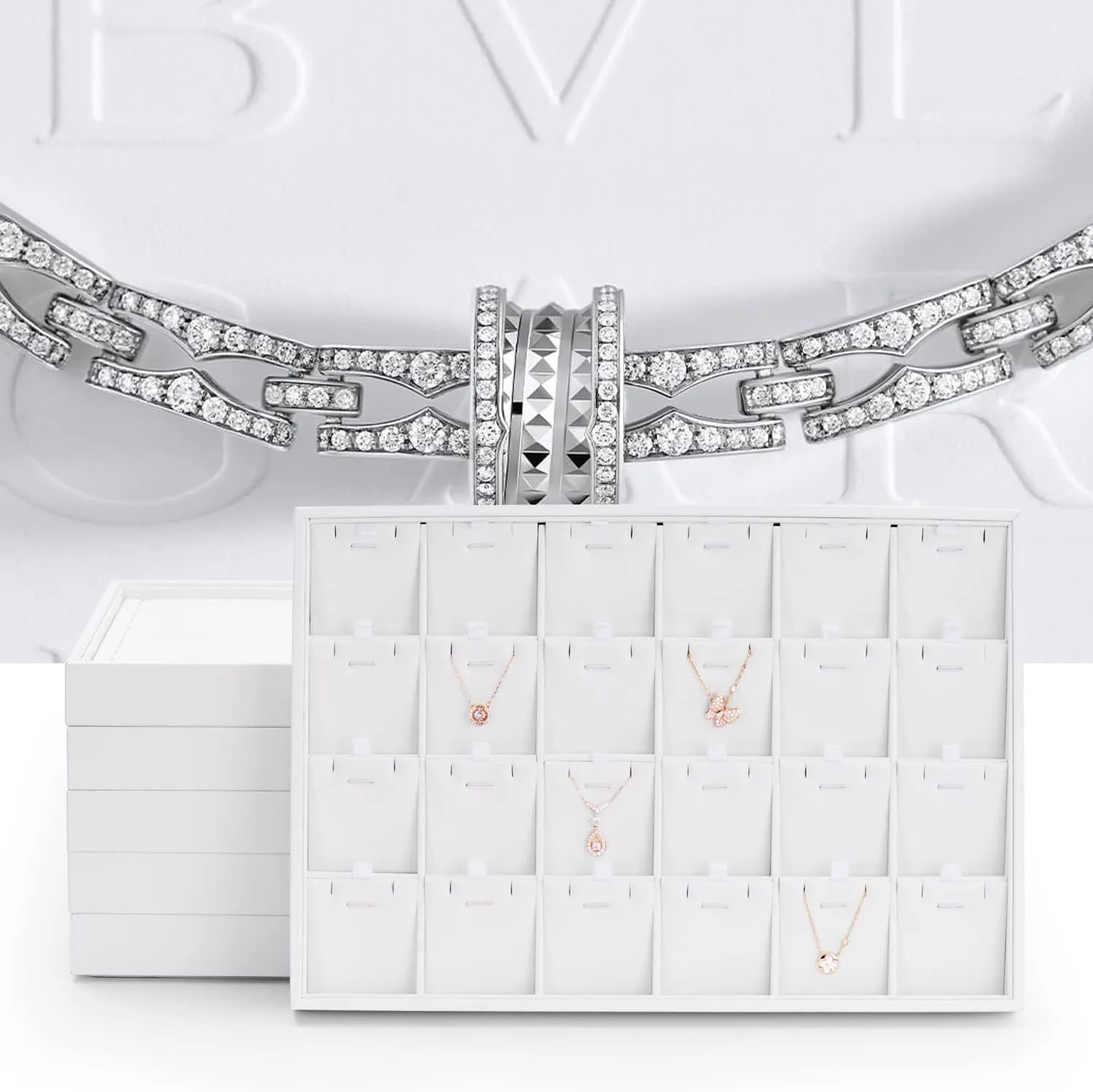 Oirlv Premium White Leather Stackable Jewelry Tray 18 Gird Necklace Bracelet Organizer Showcase Necklace Display Tray