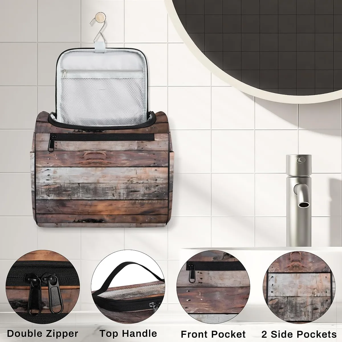 Old Barn Door Wooden Theme Travel Toiletry Bag for Men and Women, Large Hanging Makeup Bag Organizer Toiletries Bag for Travel, Cosmetic Bag with Handle
