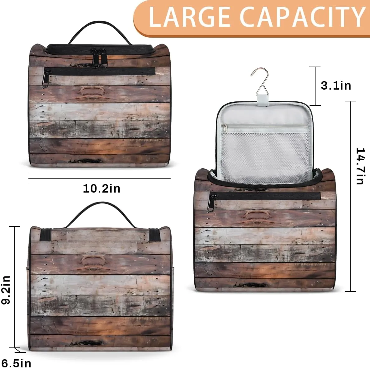 Old Barn Door Wooden Theme Travel Toiletry Bag for Men and Women, Large Hanging Makeup Bag Organizer Toiletries Bag for Travel, Cosmetic Bag with Handle