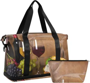 Old Cask Glasses and Bottles of White and Red Wine Cheese Nuts Gym Duffel Bag, Polyester Travel Weekender Luggage Handbag with Waterproof Pocket for Wet Items, Unisex Foldable Tote for Sports