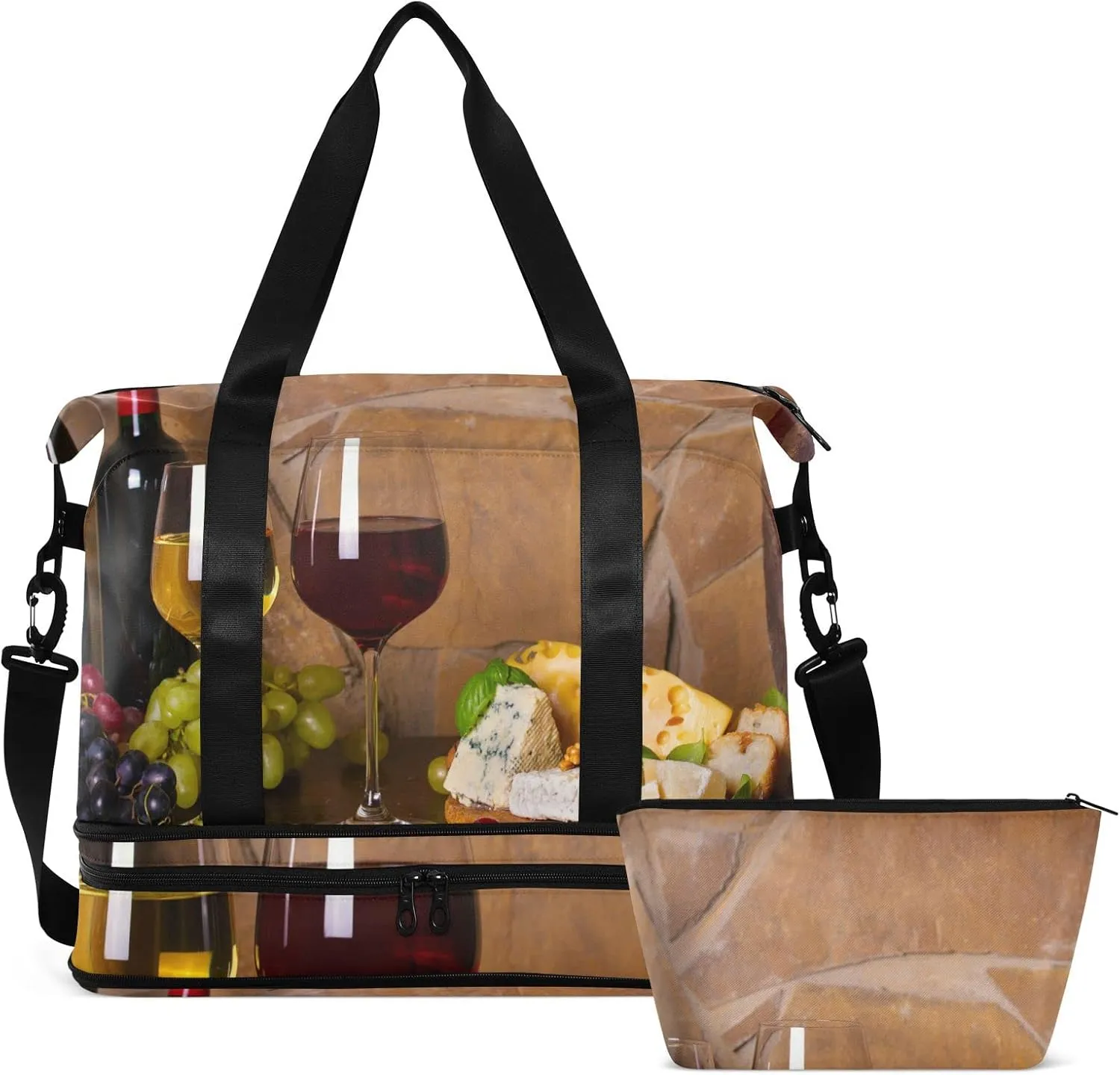 Old Cask Glasses and Bottles of White and Red Wine Cheese Nuts Gym Duffel Bag, Polyester Travel Weekender Luggage Handbag with Waterproof Pocket for Wet Items, Unisex Foldable Tote for Sports