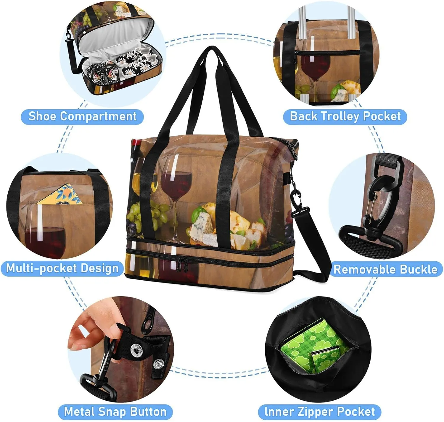 Old Cask Glasses and Bottles of White and Red Wine Cheese Nuts Gym Duffel Bag, Polyester Travel Weekender Luggage Handbag with Waterproof Pocket for Wet Items, Unisex Foldable Tote for Sports