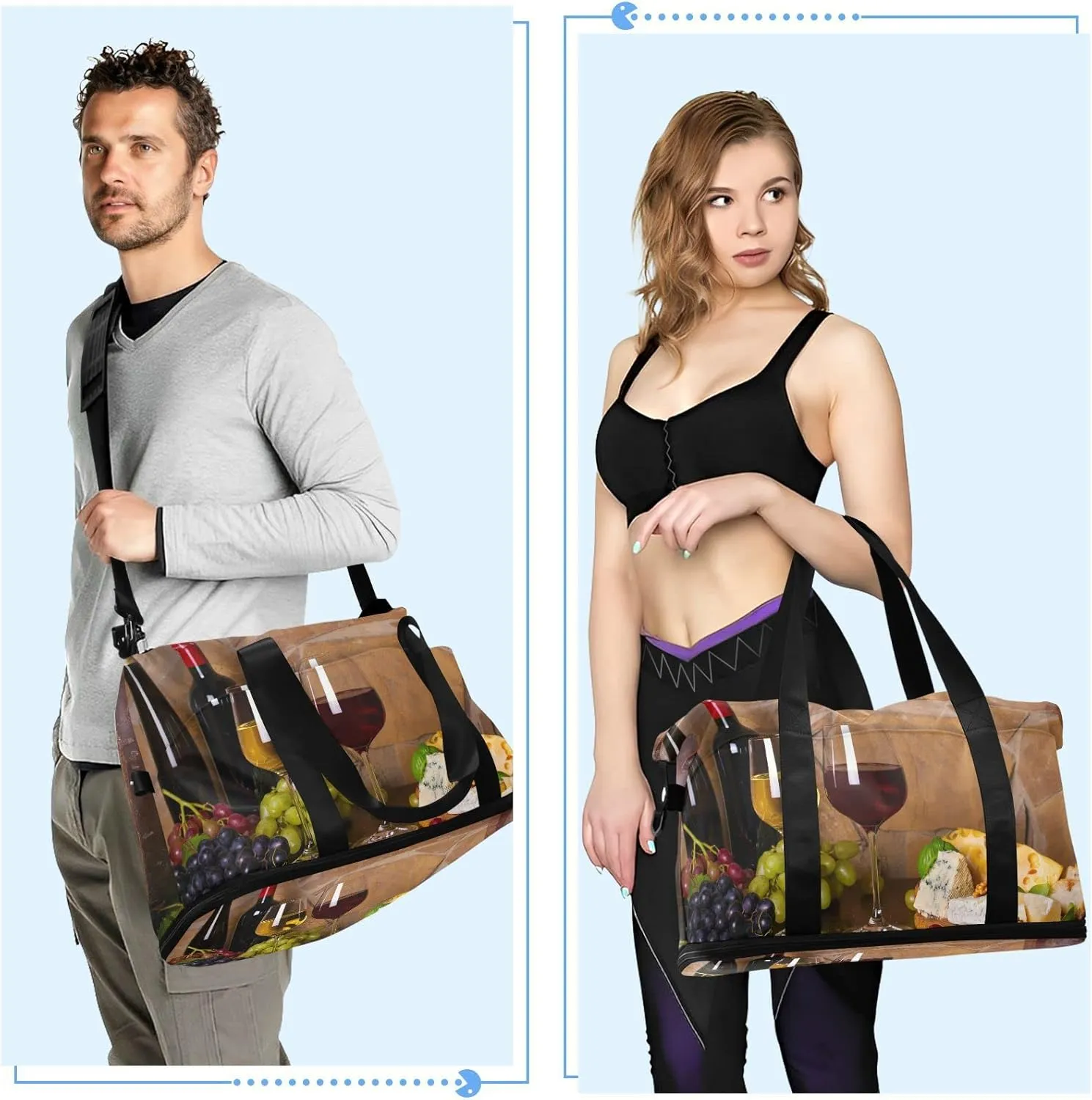 Old Cask Glasses and Bottles of White and Red Wine Cheese Nuts Gym Duffel Bag, Polyester Travel Weekender Luggage Handbag with Waterproof Pocket for Wet Items, Unisex Foldable Tote for Sports