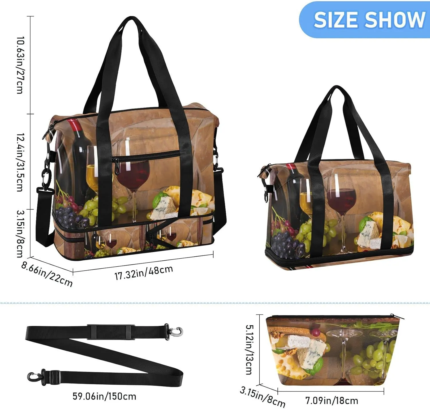 Old Cask Glasses and Bottles of White and Red Wine Cheese Nuts Gym Duffel Bag, Polyester Travel Weekender Luggage Handbag with Waterproof Pocket for Wet Items, Unisex Foldable Tote for Sports