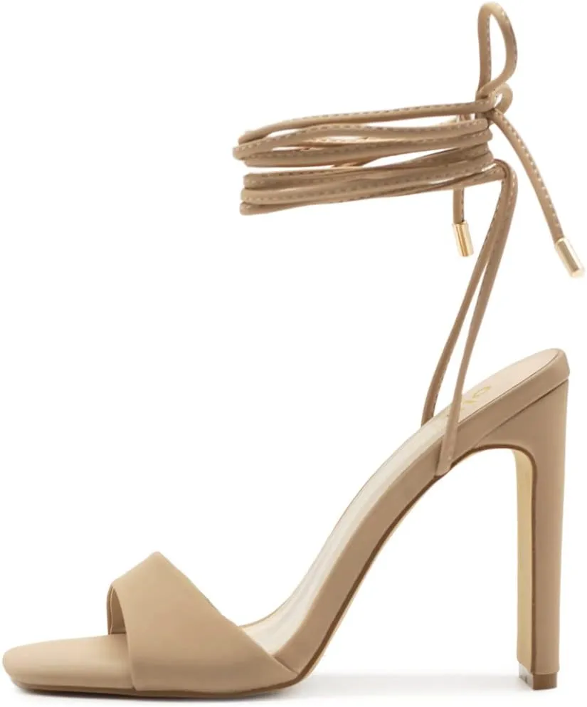 Ollio Women's Shoes Faux Nubuck or Faux Leather Strappy Tie Leg Open Toe Heeled Sandals SH175