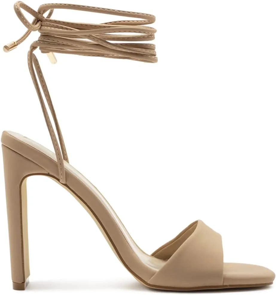 Ollio Women's Shoes Faux Nubuck or Faux Leather Strappy Tie Leg Open Toe Heeled Sandals SH175