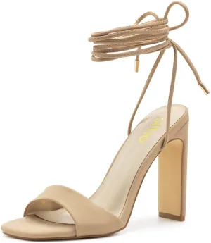 Ollio Women's Shoes Faux Nubuck or Faux Leather Strappy Tie Leg Open Toe Heeled Sandals SH175