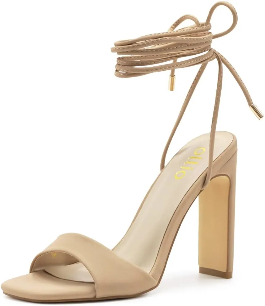 Ollio Women's Shoes Faux Nubuck or Faux Leather Strappy Tie Leg Open Toe Heeled Sandals SH175