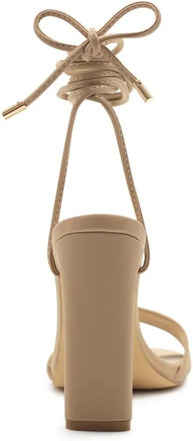 Ollio Women's Shoes Faux Nubuck or Faux Leather Strappy Tie Leg Open Toe Heeled Sandals SH175