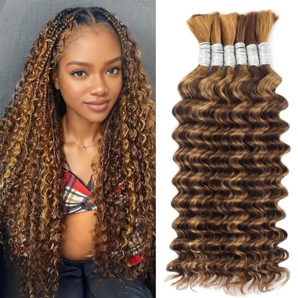 Ombre Braiding Hair Deep Water Wave Bulk Human Hair 18 Inch 6 Bundles/Pack 150g No Weft Curly Human Hair for Boho Braids Hair Extensions Knotless 12A Brazilian Virgin Ombre Balayage 4/27