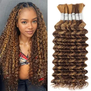 Ombre Braiding Hair Deep Water Wave Bulk Human Hair 18 Inch 6 Bundles/Pack 150g No Weft Curly Human Hair for Boho Braids Hair Extensions Knotless 12A Brazilian Virgin Ombre Balayage 4/27