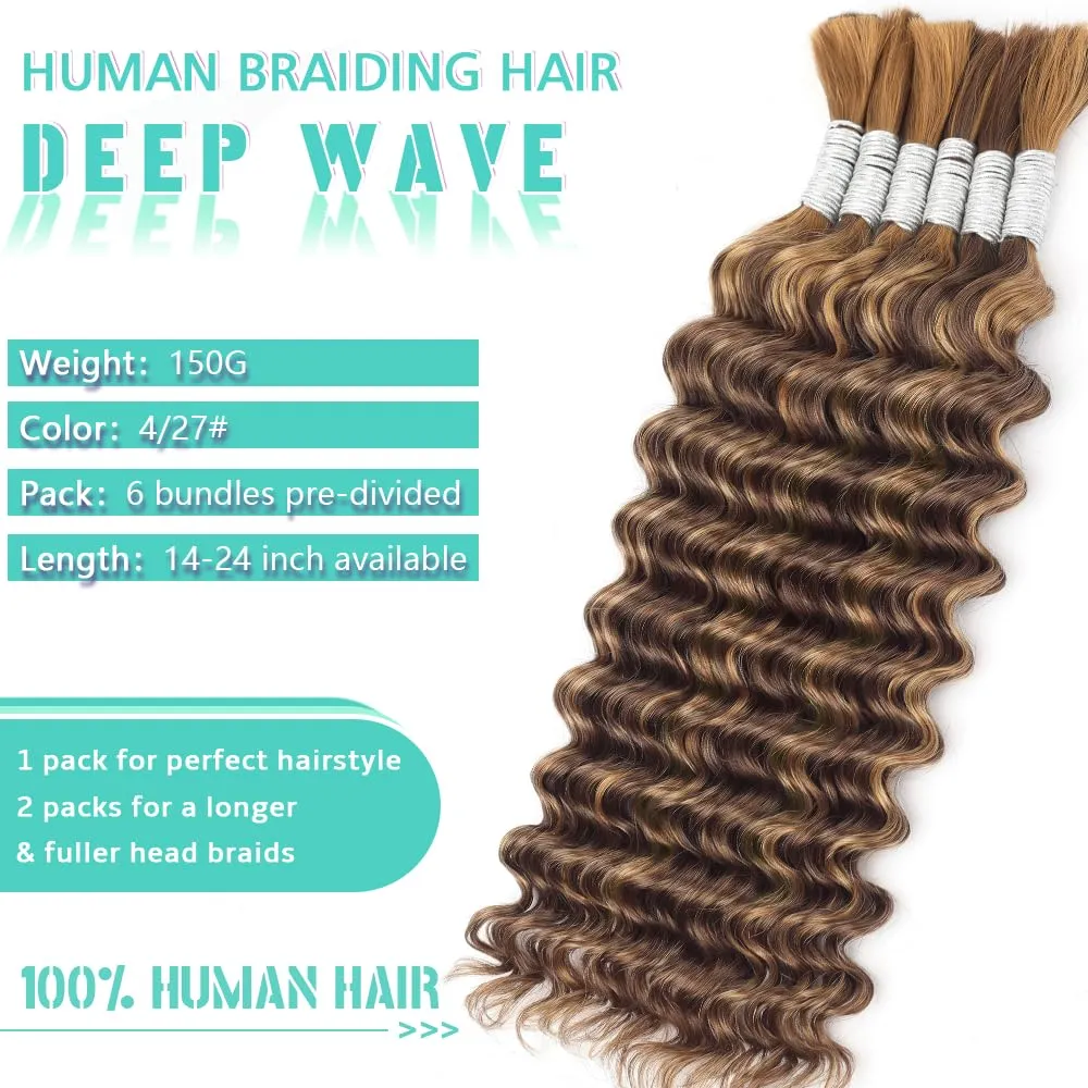 Ombre Braiding Hair Deep Water Wave Bulk Human Hair 18 Inch 6 Bundles/Pack 150g No Weft Curly Human Hair for Boho Braids Hair Extensions Knotless 12A Brazilian Virgin Ombre Balayage 4/27