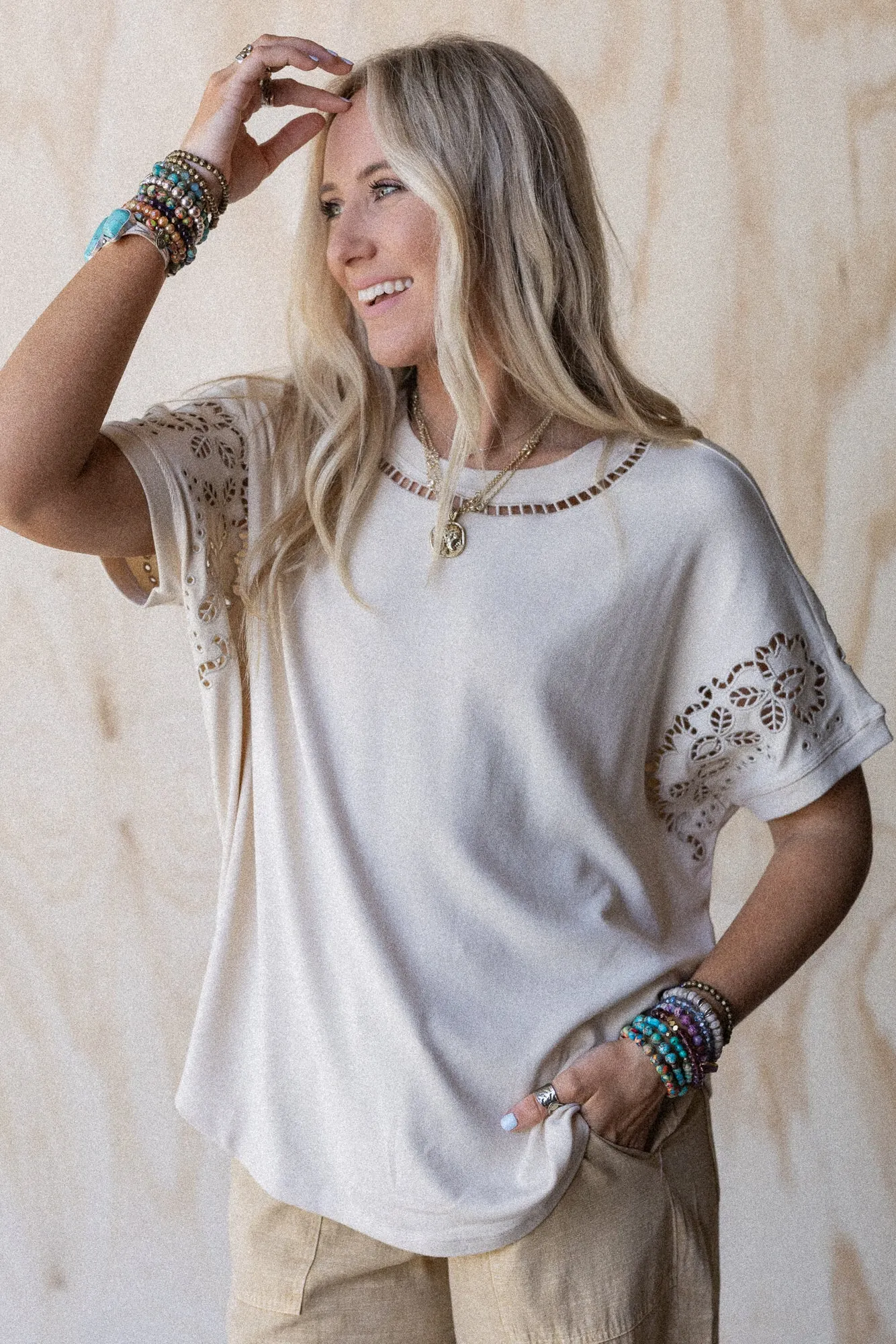 Open Horizon Eyelet Top - Beige