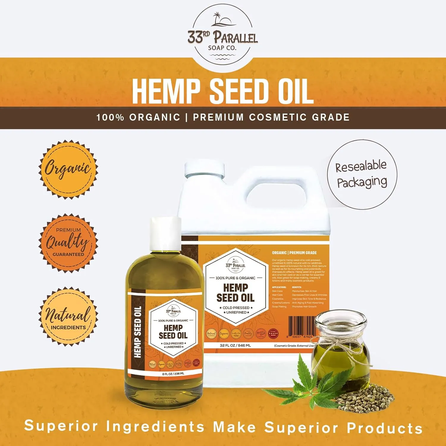Organic Hemp Seed Oil (16 oz) Premium Cold Pressed Unrefined | 100% Pure Hemp Seed Oil for Skin, Face, Hair, Soap Making, Massage | Carrier for Essential Oils | Available in Bulk | 16 FL OZ