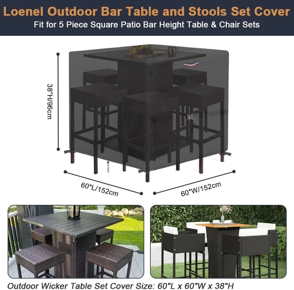 Outdoor Wicker Table Set Cover, Waterproof Covers for 5 Piece Square Patio Bar Height Tables & Chair Sets, Heavy Duty Outdoor Bar Table and Stools Set Cover - 60"L x 60"W x 38"H