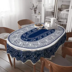 Oval Tablecloth -54x72 Inch, Navy Boho Style Retro Rustic Tablecloth Classic French Country Printed Table Cover for Farmhouse Decoration, Suitable for Home, Kitchen, Indoor and Outdoor Dining Table