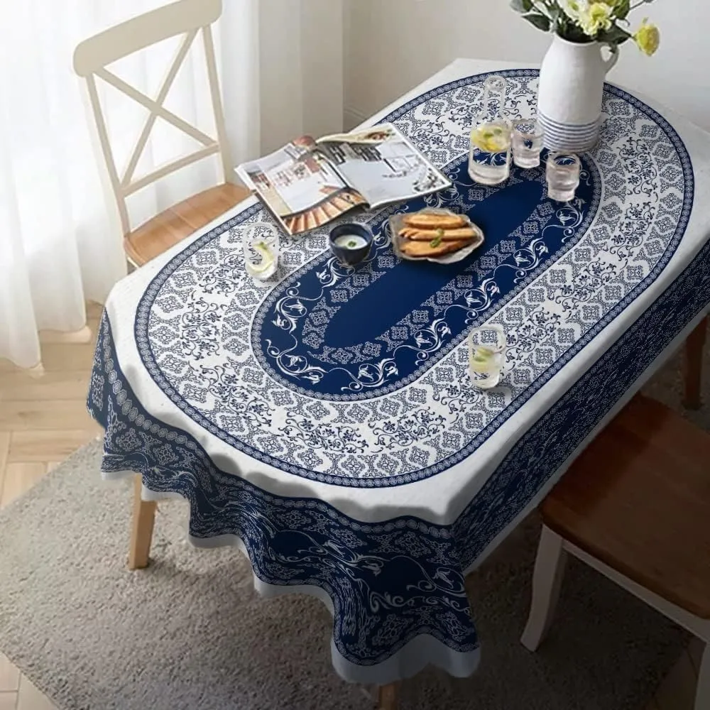 Oval Tablecloth -54x72 Inch, Navy Boho Style Retro Rustic Tablecloth Classic French Country Printed Table Cover for Farmhouse Decoration, Suitable for Home, Kitchen, Indoor and Outdoor Dining Table