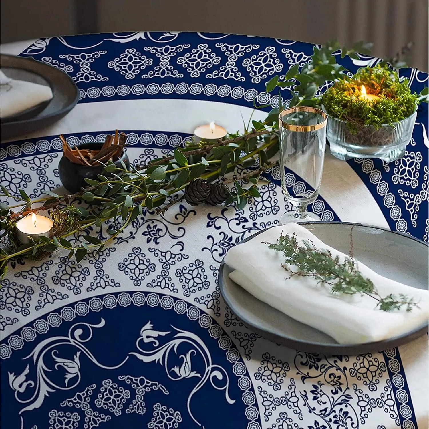 Oval Tablecloth -54x72 Inch, Navy Boho Style Retro Rustic Tablecloth Classic French Country Printed Table Cover for Farmhouse Decoration, Suitable for Home, Kitchen, Indoor and Outdoor Dining Table