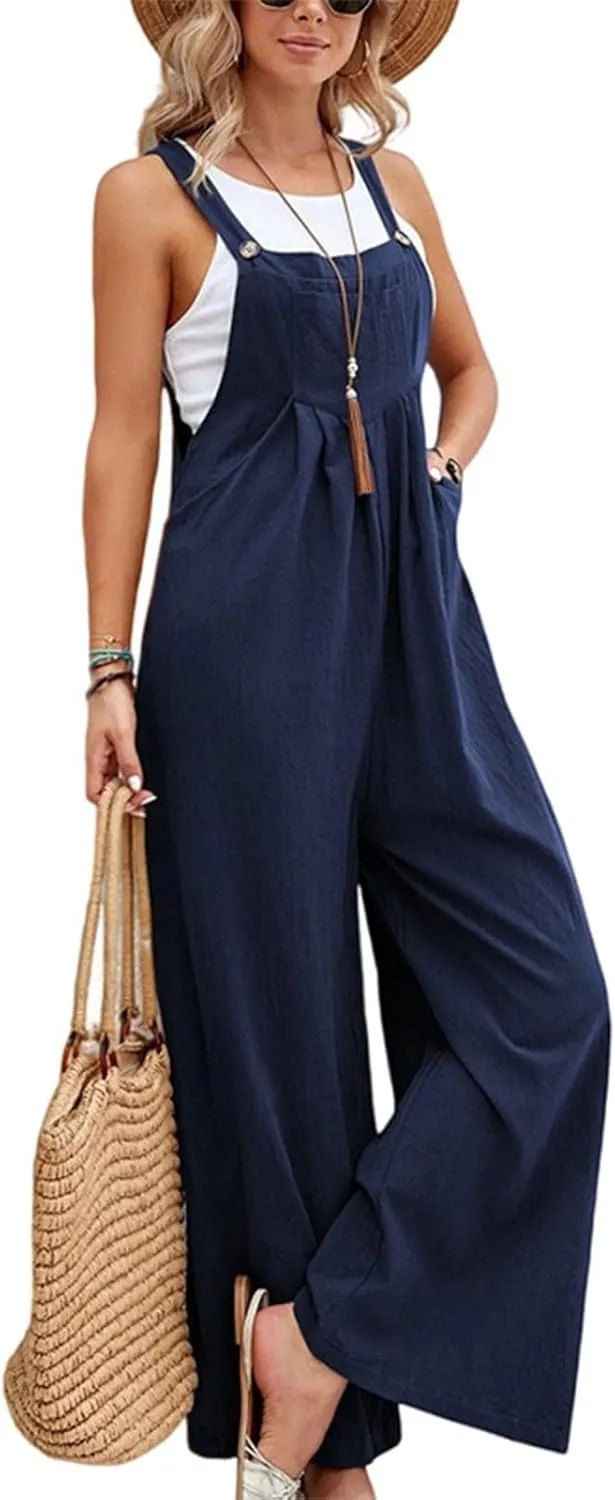 Overalls for Women Casual Sleeveless Linen Jumpsuits Straps Bib Overall Baggy Pleated Summer Rompers with Pockets