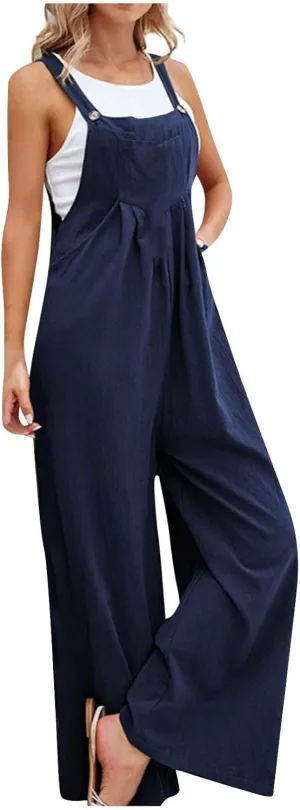 Overalls for Women Casual Sleeveless Linen Jumpsuits Straps Bib Overall Baggy Pleated Summer Rompers with Pockets
