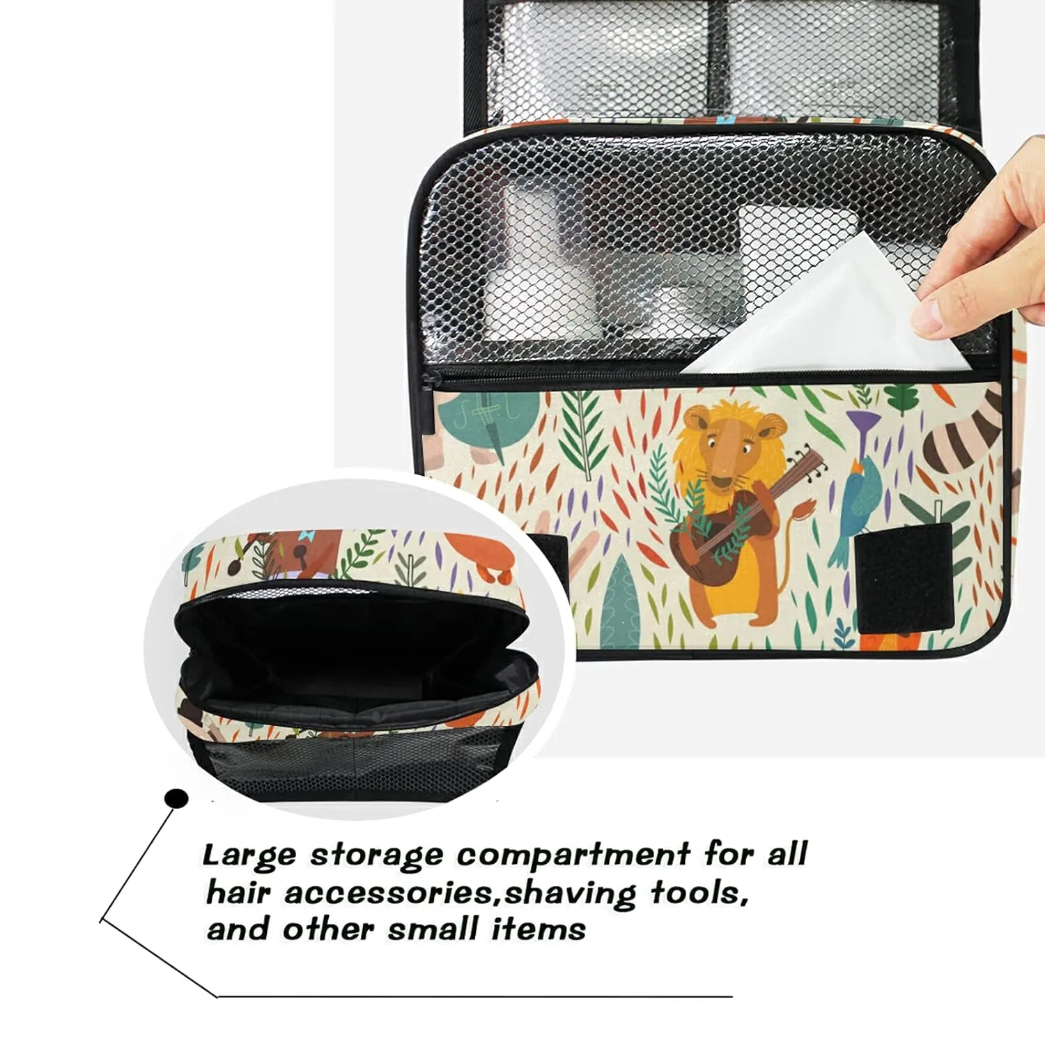 Oyihfvs Colorful Cartoon Raccoon Lion Bear Hare Foxes Hanging Wash Gargle Toiletry Bag Travel Cosmetic Makeup Case Organizer Storage Large Portable