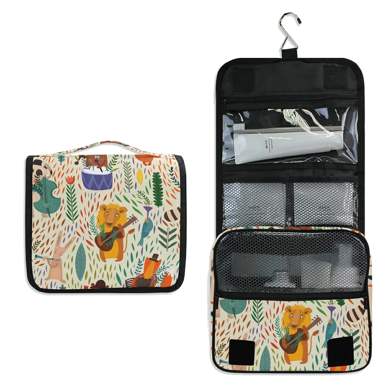 Oyihfvs Colorful Cartoon Raccoon Lion Bear Hare Foxes Hanging Wash Gargle Toiletry Bag Travel Cosmetic Makeup Case Organizer Storage Large Portable