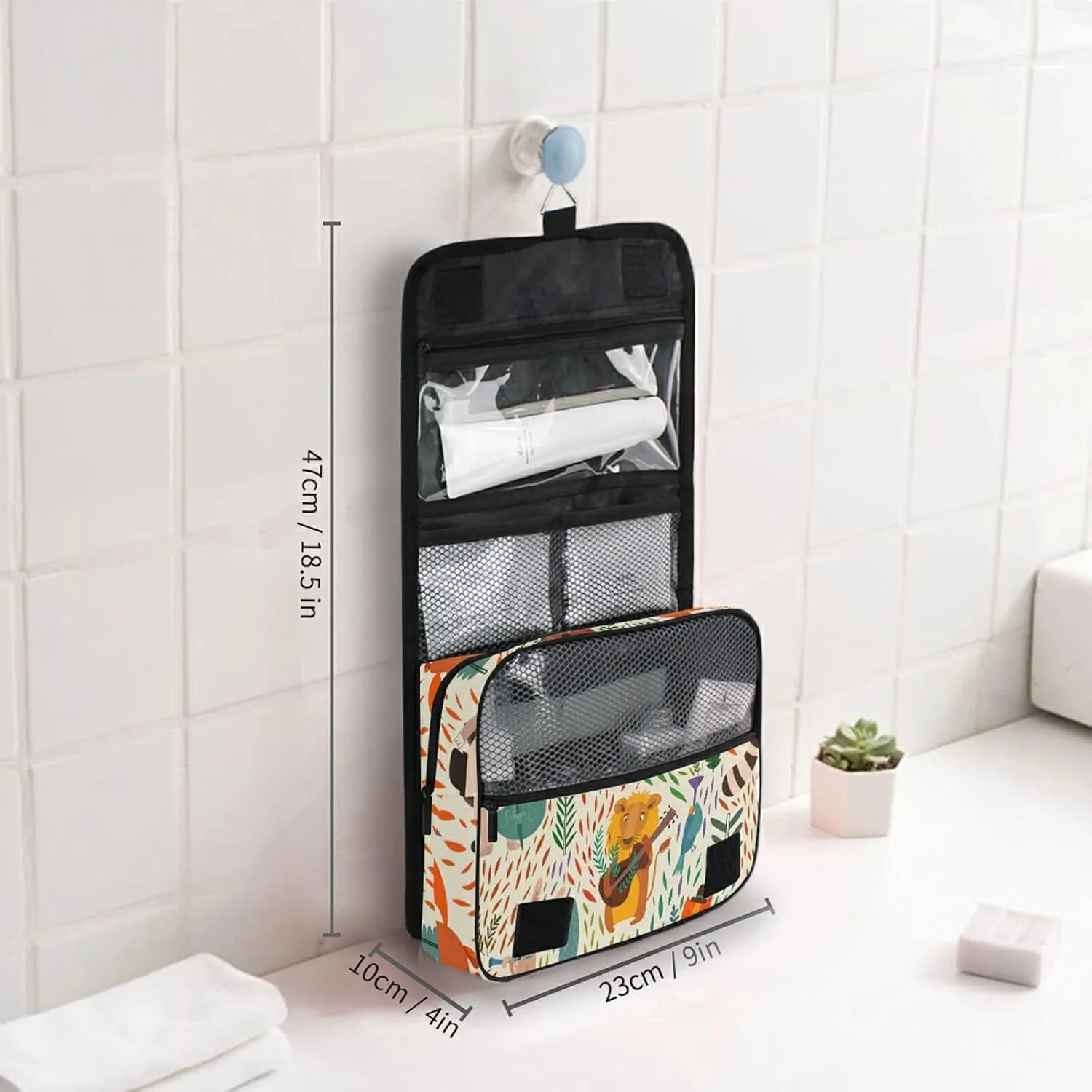Oyihfvs Colorful Cartoon Raccoon Lion Bear Hare Foxes Hanging Wash Gargle Toiletry Bag Travel Cosmetic Makeup Case Organizer Storage Large Portable
