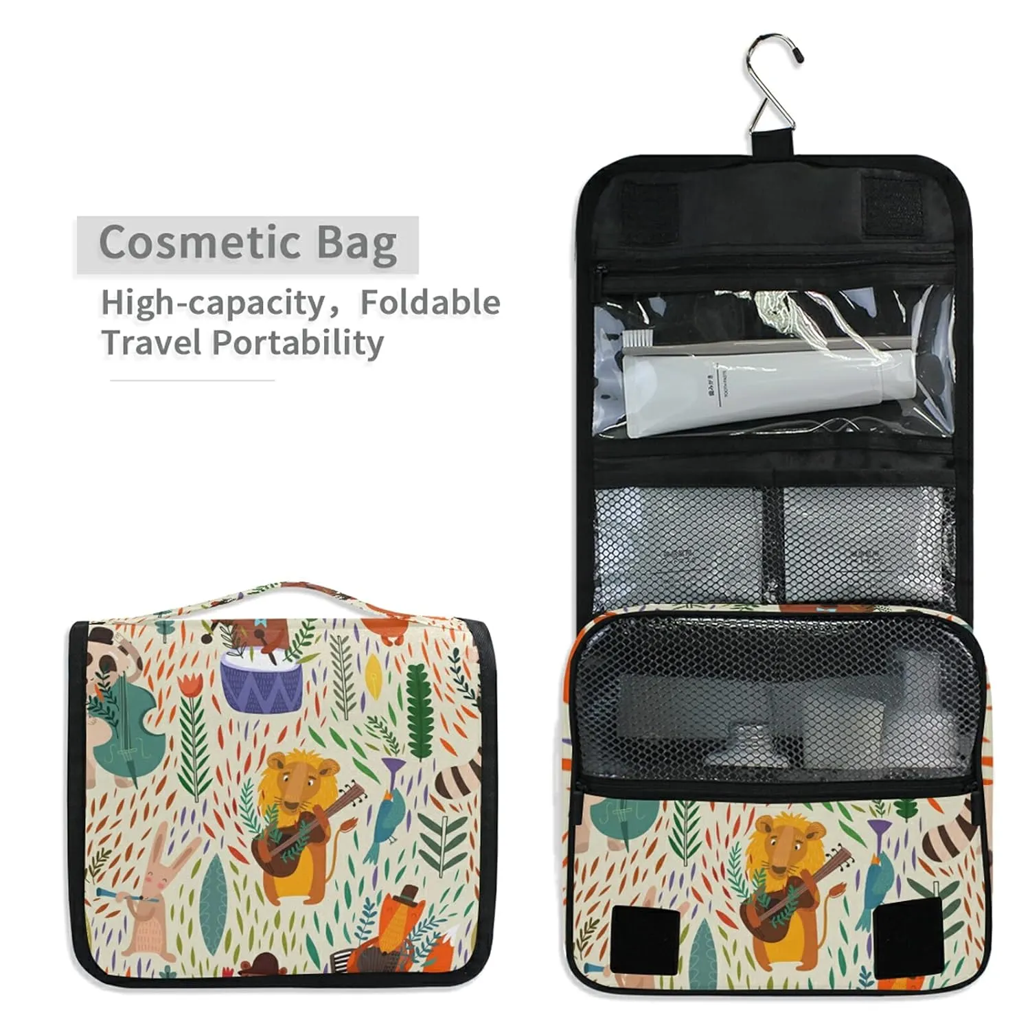 Oyihfvs Colorful Cartoon Raccoon Lion Bear Hare Foxes Hanging Wash Gargle Toiletry Bag Travel Cosmetic Makeup Case Organizer Storage Large Portable
