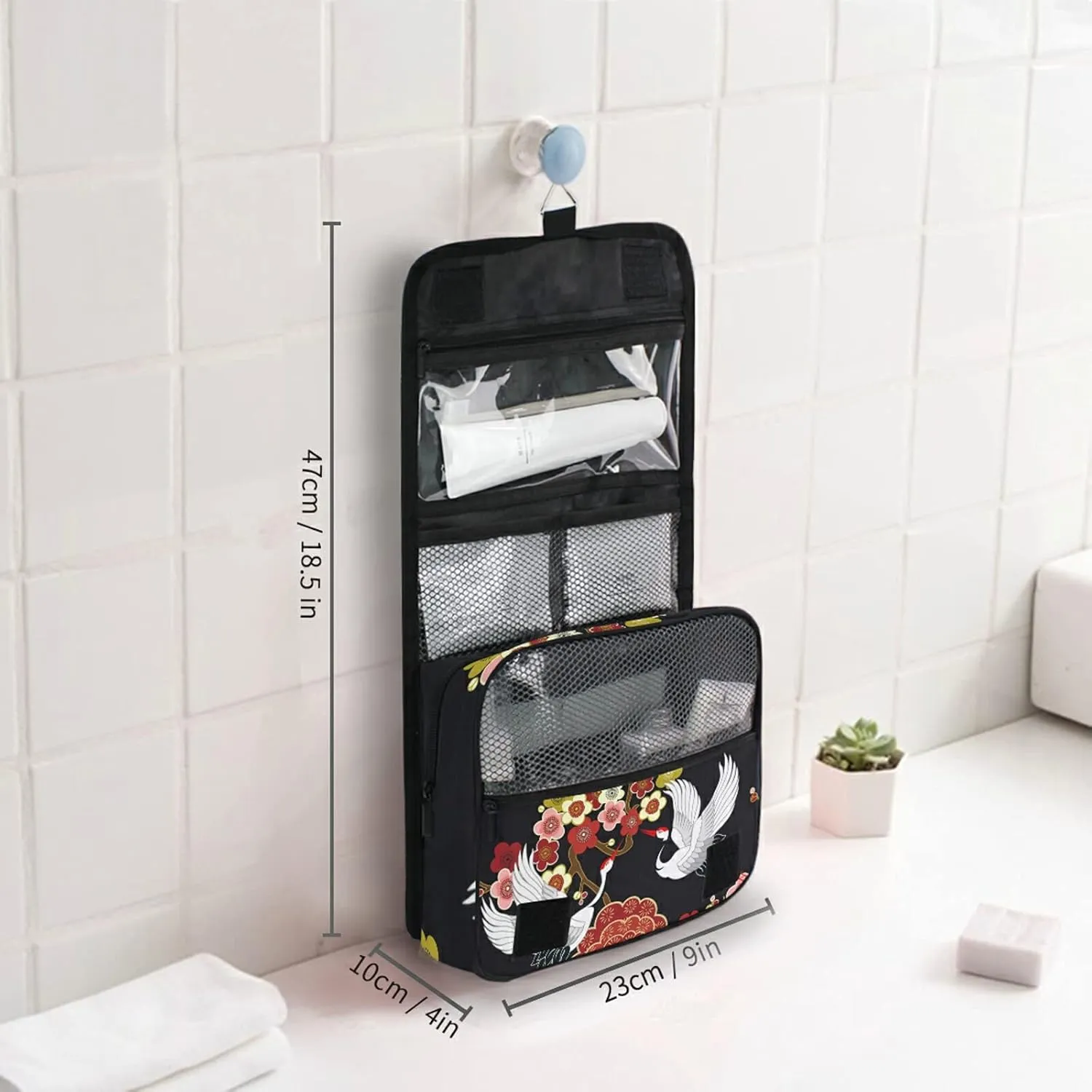 Oyihfvs Japanese Flying Birds Crane Flowers Hanging Wash Gargle Toiletry Bag Travel Cosmetic Makeup Case Organizer Storage Large Portable