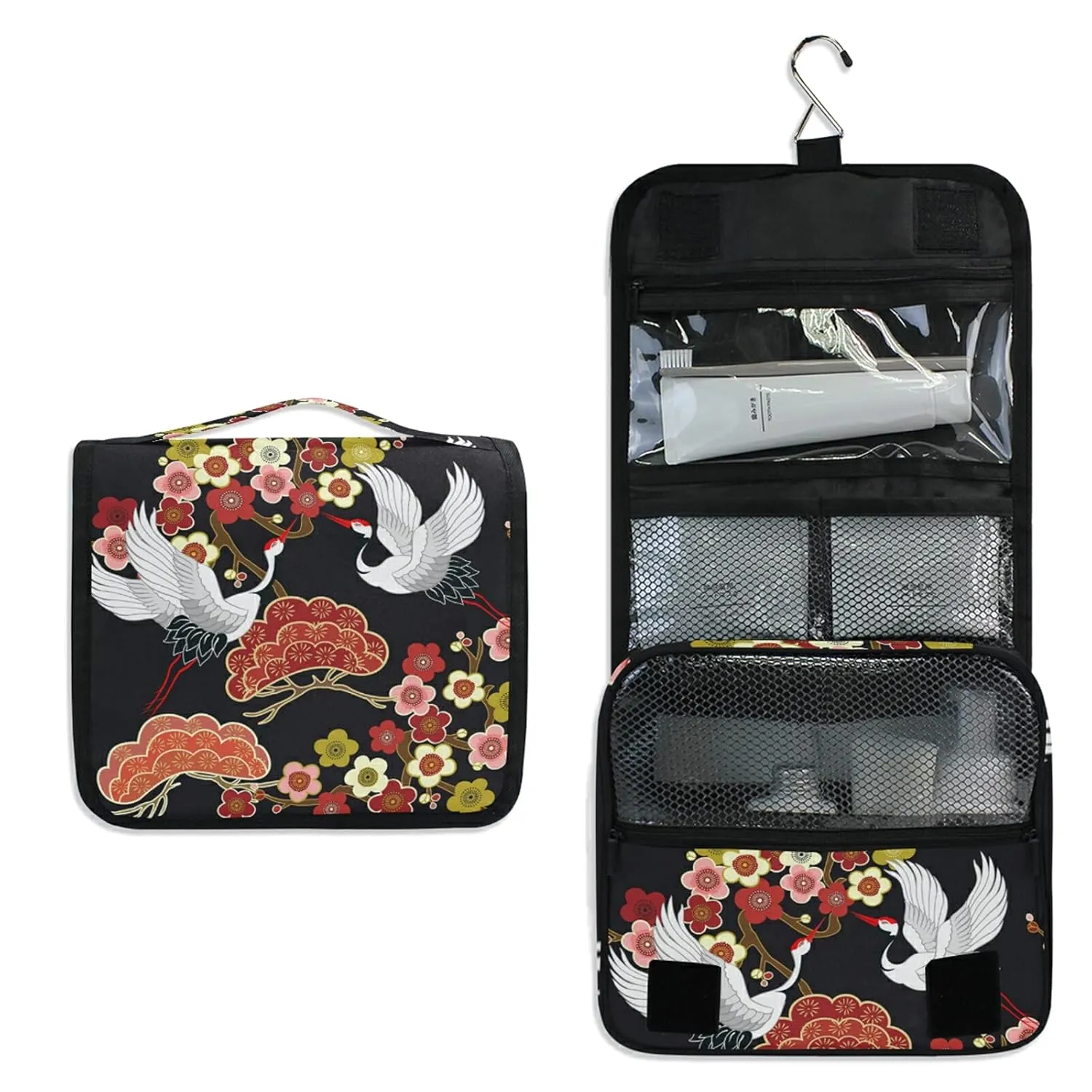 Oyihfvs Japanese Flying Birds Crane Flowers Hanging Wash Gargle Toiletry Bag Travel Cosmetic Makeup Case Organizer Storage Large Portable