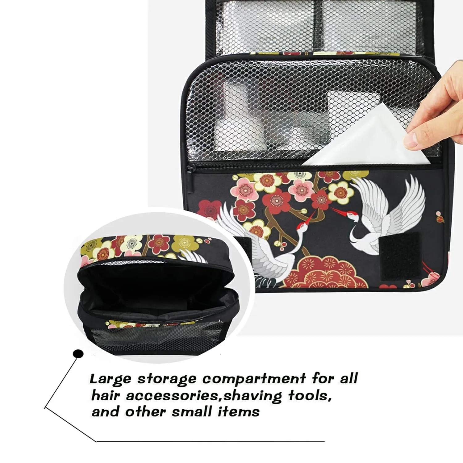 Oyihfvs Japanese Flying Birds Crane Flowers Hanging Wash Gargle Toiletry Bag Travel Cosmetic Makeup Case Organizer Storage Large Portable